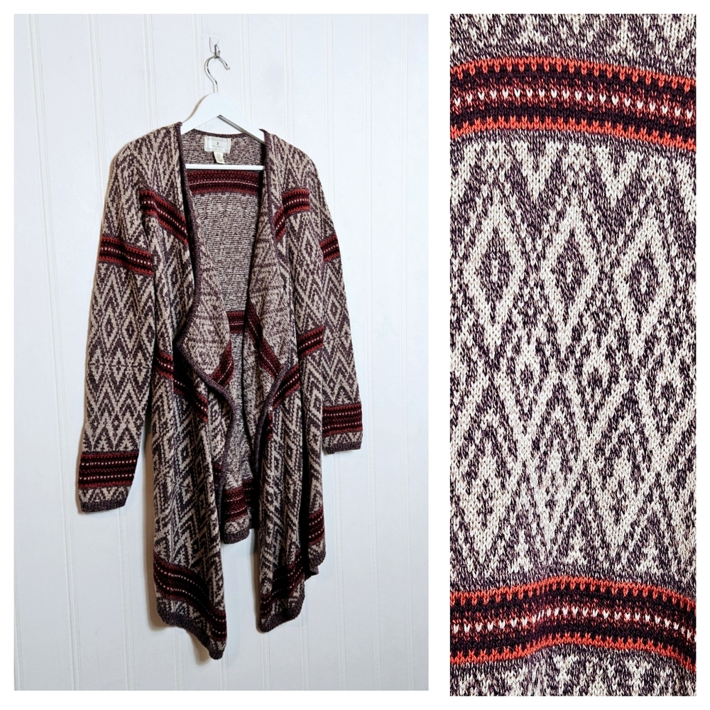Ruby Moon Cardigan L Aztec Southwestern Longline Duster Boho Western Burgundy